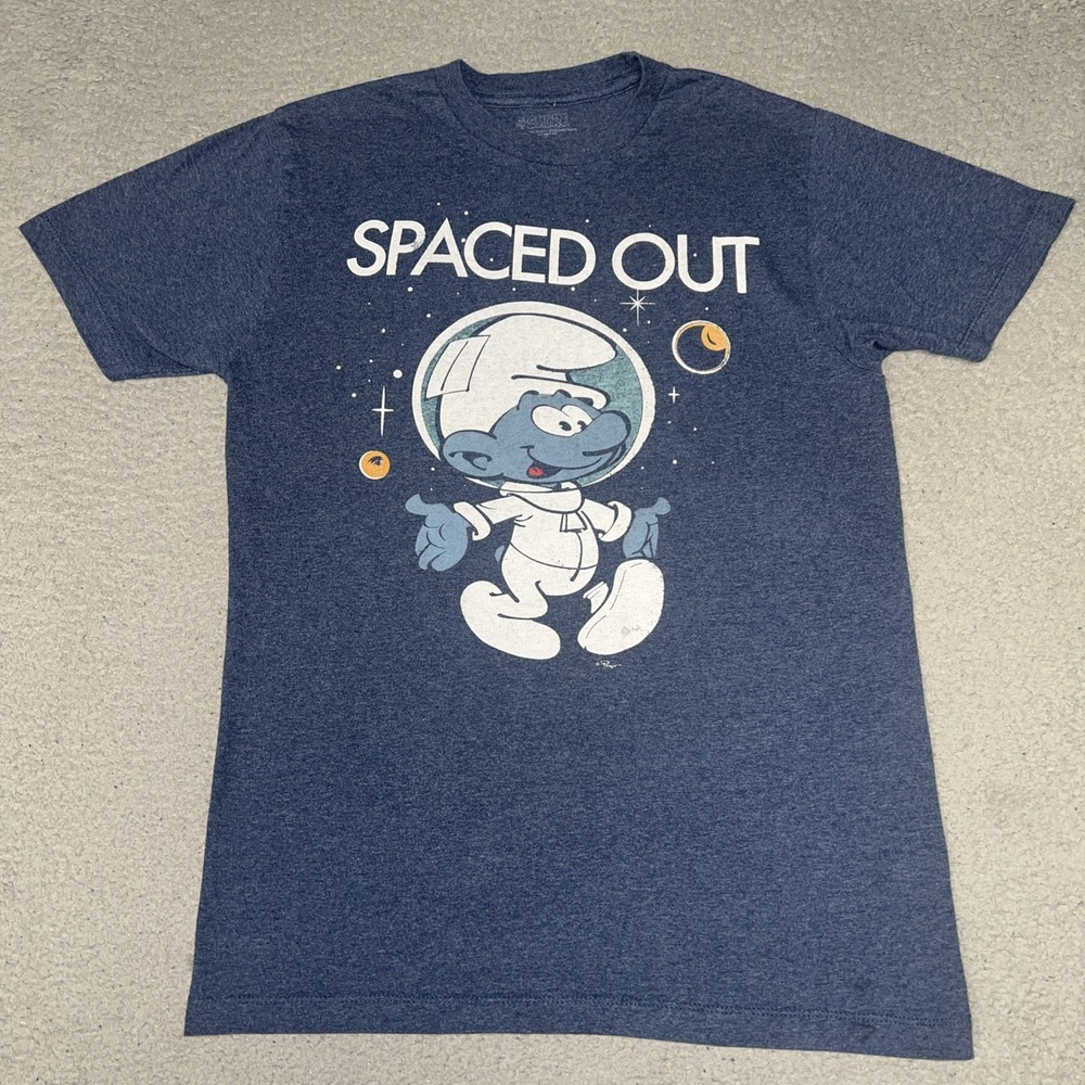 The Smurfs Spaced Out T Shirt Men's Sz M Heather Blue Peyo Astronaut Cartoon Tee